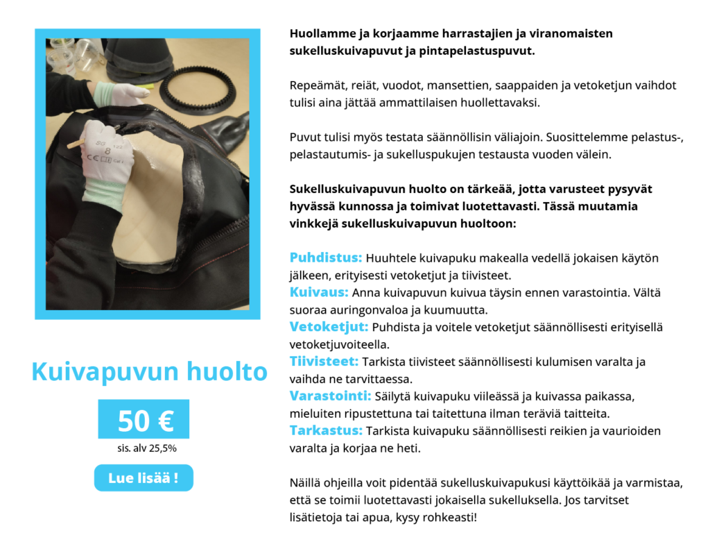 Kuivapukujen huolto ja korjaus esittely kuva ja teksti
