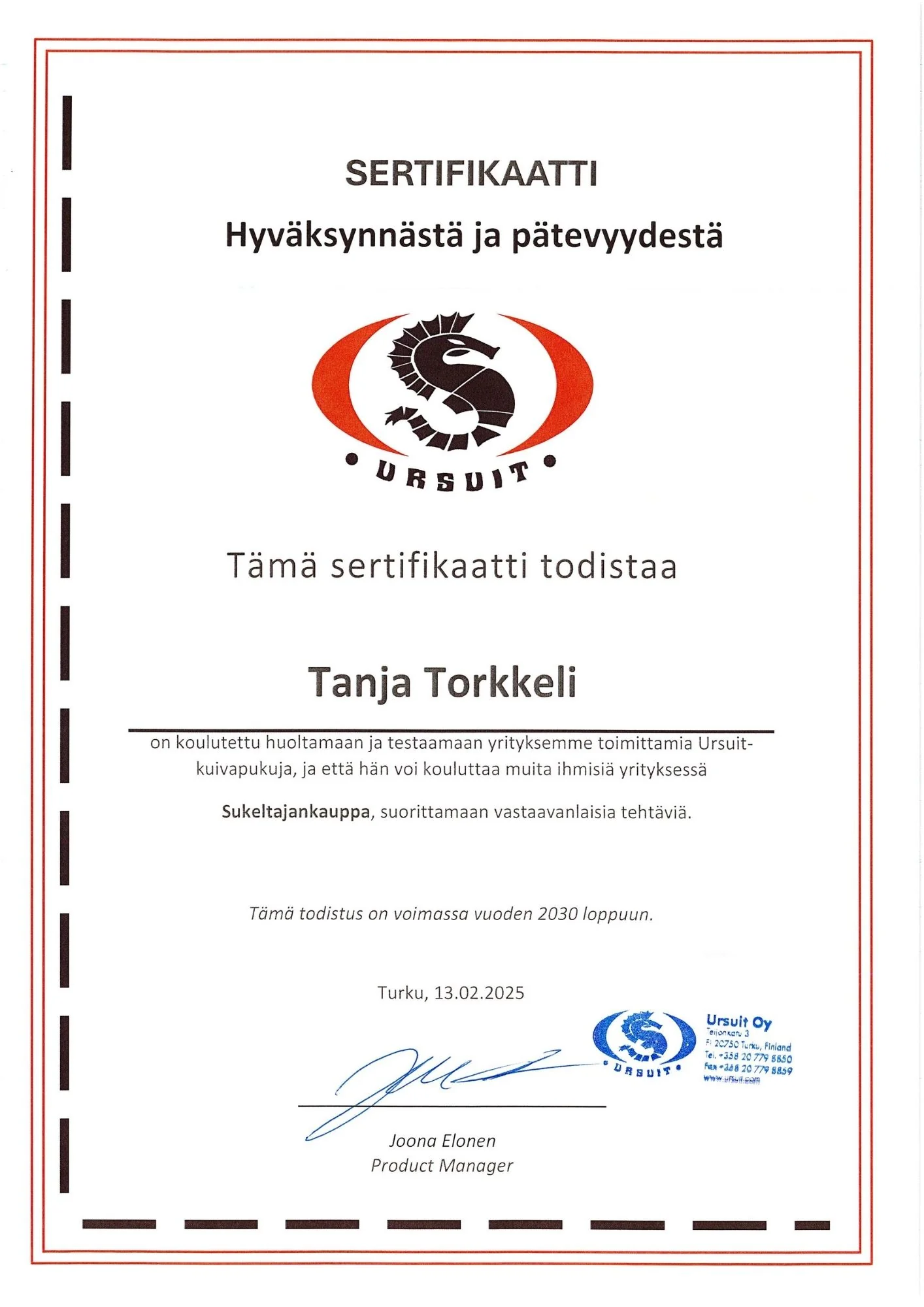 Ursuit kuvaipukuhuolto sertifiointi